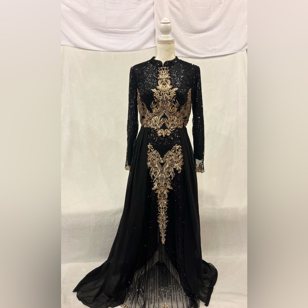 Black and gold sequin dress with chiffon over skirt